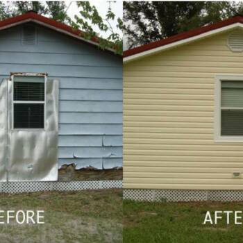 Before of torn off blue siding then new yellow siding