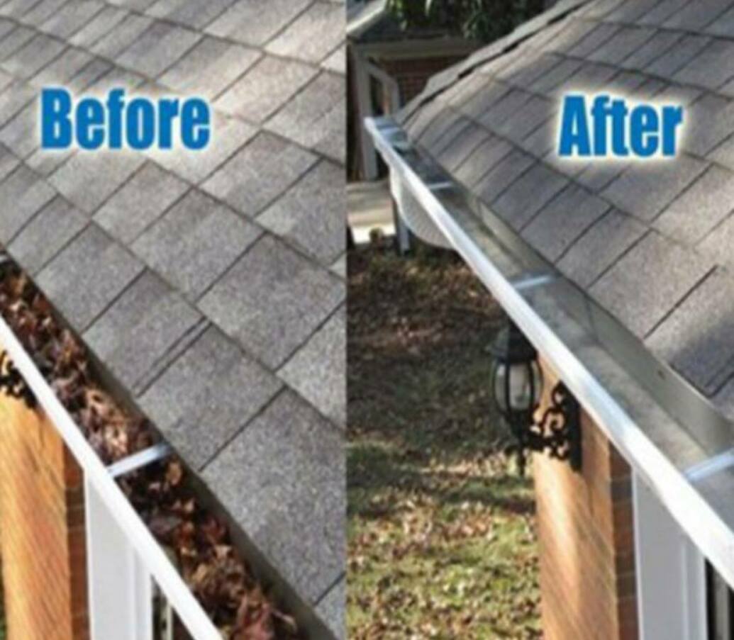 Before and After of leaves in gutter then cleaned out gutter