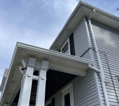 View of the gutters on a house, looking up